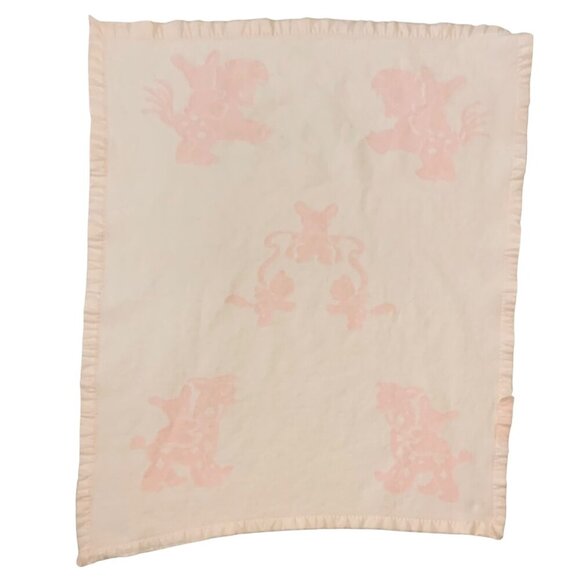 Vintage Acrylic Pink Baby Blanket With Bunny & Giraffe Design Satin Trim - Picture 5 of 7